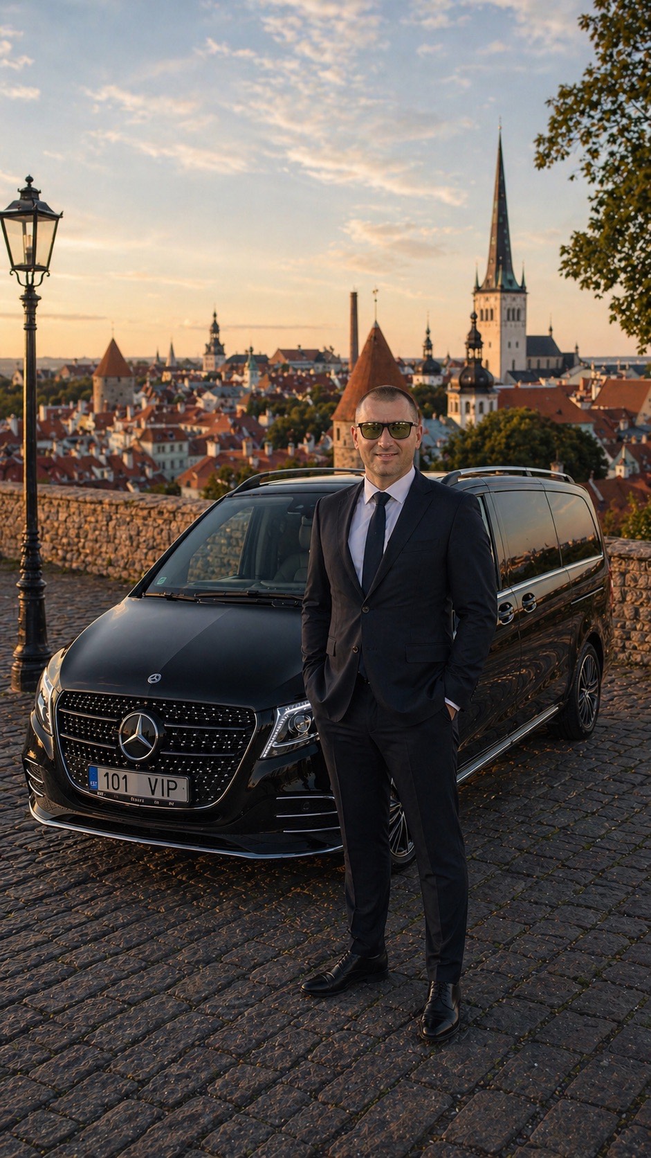 Chauffeur in a suit next to a black Mercedes V-Class above Tallinn Old Town at sunset