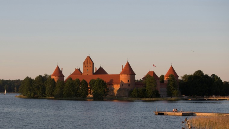 Trakai Island Castle on Lake Galvė in evening light, Lithuania