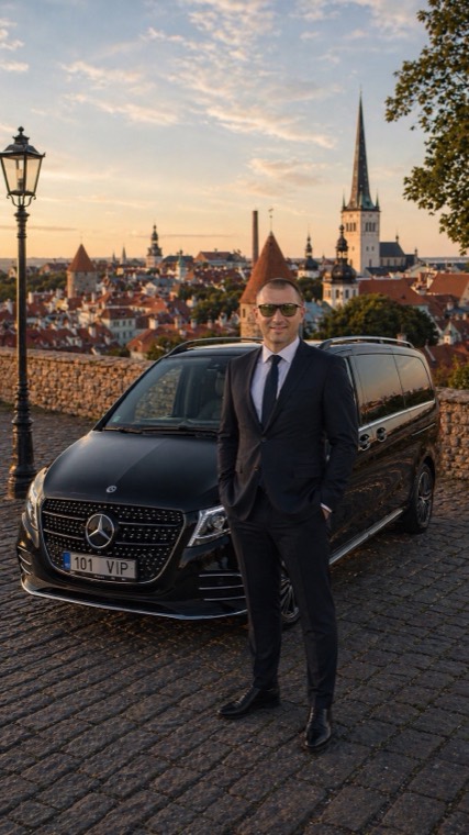Chauffeur in a suit next to a black Mercedes V-Class above Tallinn Old Town at sunset