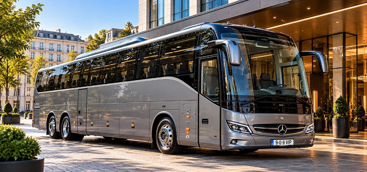 Silver Mercedes-Benz touring coach for up to 55 passengers
